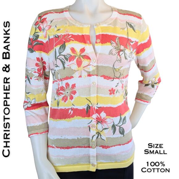 Christopher & Banks Cardigan Small Multicolor Floral Striped 3/4 Sleeve Cotton - Picture 1 of 10